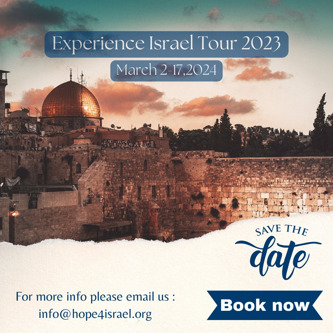 hope4israel's tweet photo. Join Moran Rosenblit on this trip of a lifetime through the land of Messiah!
We can’t wait to welcome you to ISRAEL!
#ExperienceIsrael #VisitIsrael #ToursofHope
For more information, please Email us at:
info@hope4israel.org https://t.co/FJDMl3JOgy