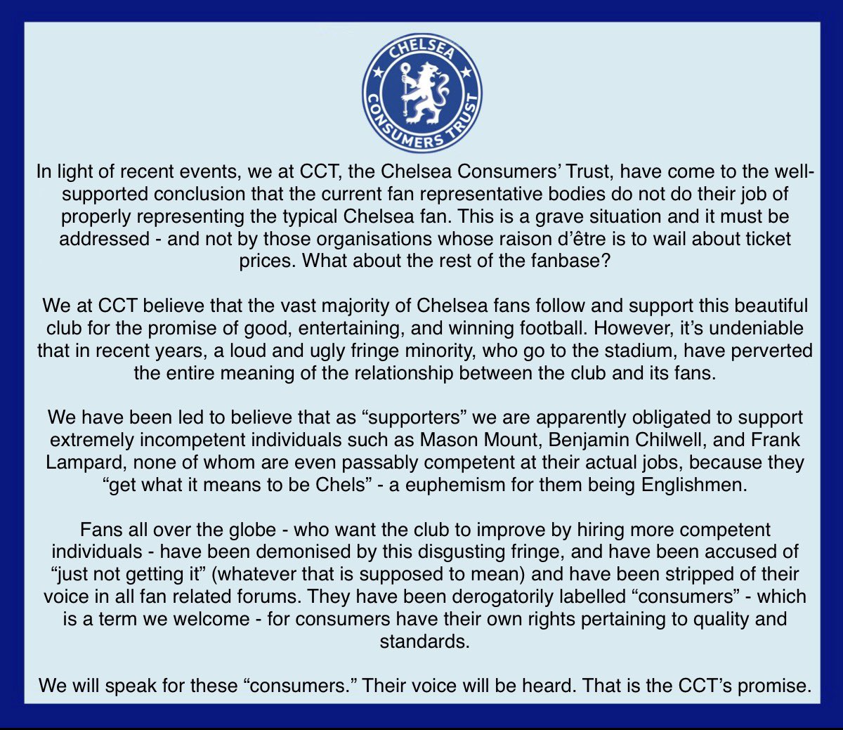 Chelsea Consumers’ Trust ⭐️⭐️ tweet media