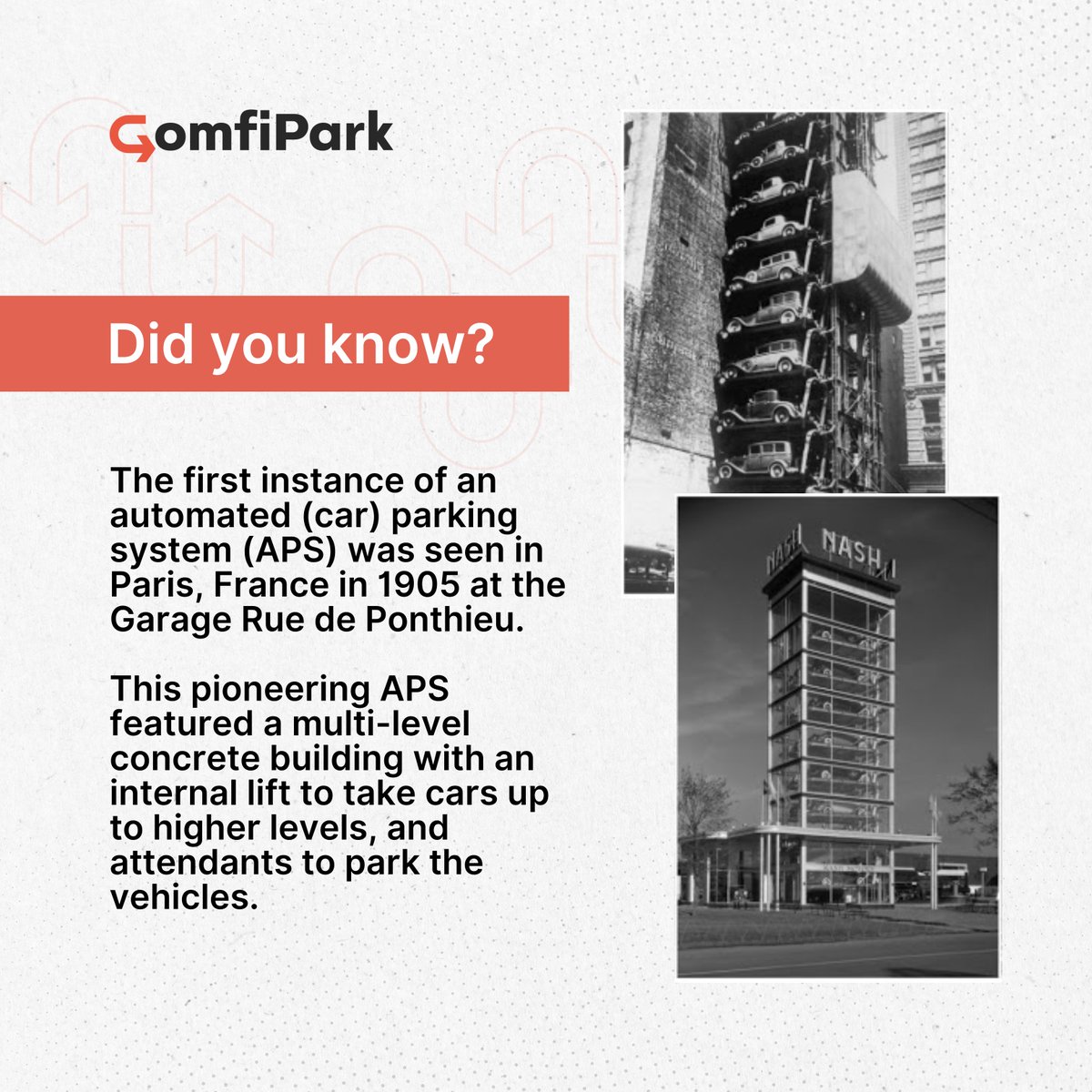 Since 1905, automated parking systems have become more sophisticated and efficient.   

Follow us for more trivia!  

#AutomatedParking #ParkingInnovation #Innovation