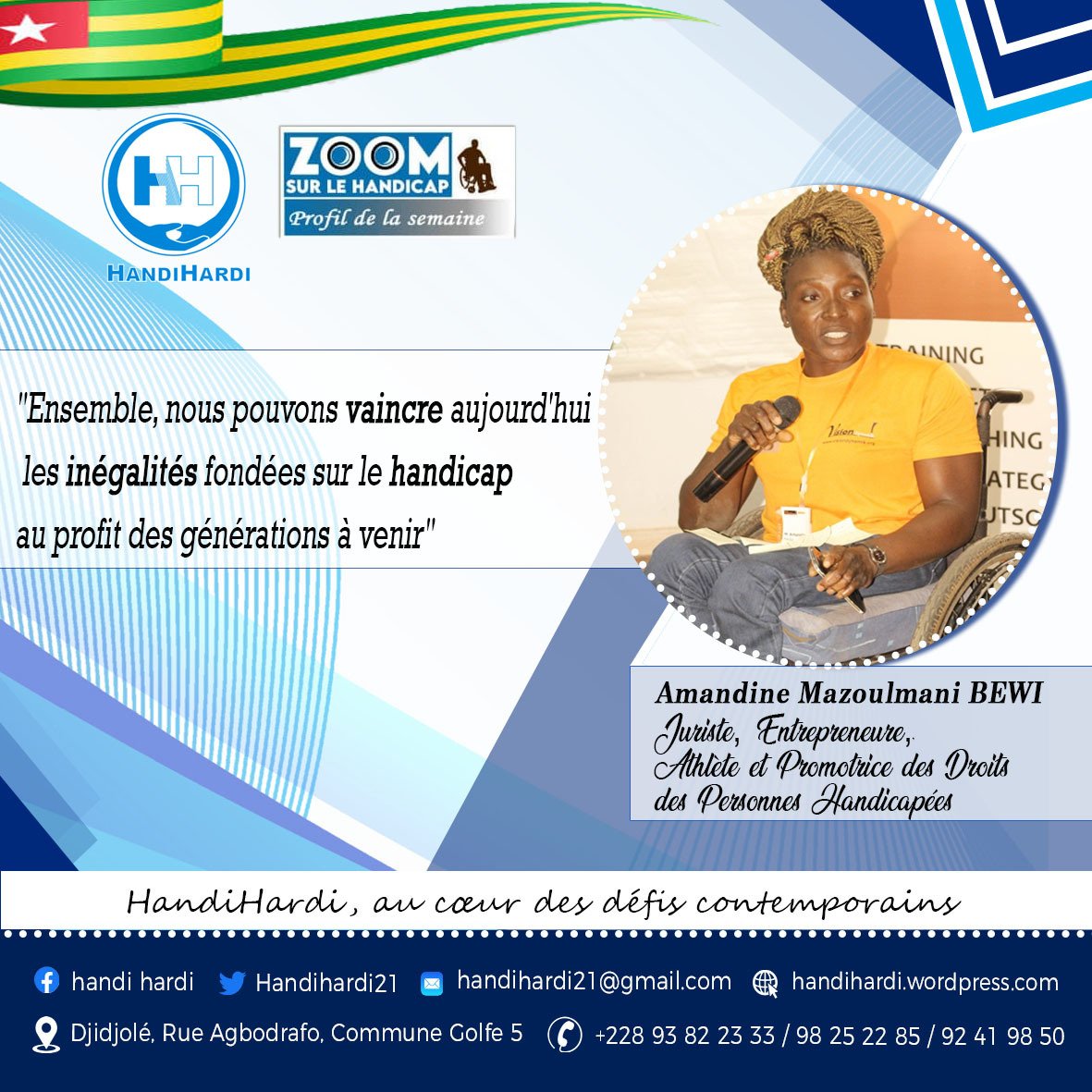 Handihardi21's tweet image. "Seul, on va plus vite; ensemble, on va plus loin" nous inspire le message de Mme. Amandine M. BEWI, #ProfilDeLaSemaine de ce lundi. 

Pour elle, notre génération a le #devoir de mener à l'#unisson et pour celle à venir, le combat contre les inégalités fondées sur le #handicap.