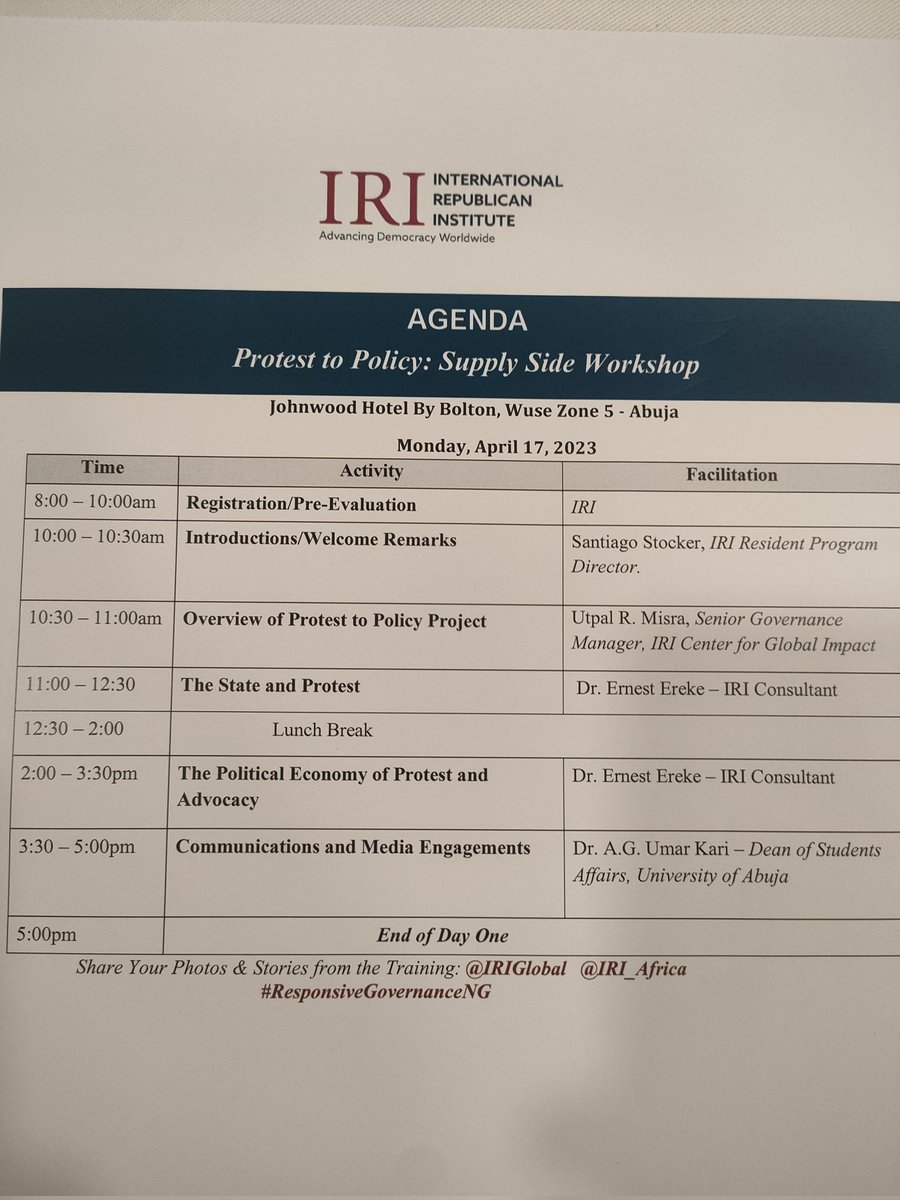 <a href="/IRI_Africa/">IRI Africa</a> #Nigeria starts its  2-day Protest 2 Policy (P2P) workshop for social influencers &amp; Government Agencies in Abuja. The w/shop will improve synergy between activists and policy makers to overcome challenges to activism &amp; advance democratic reforms.