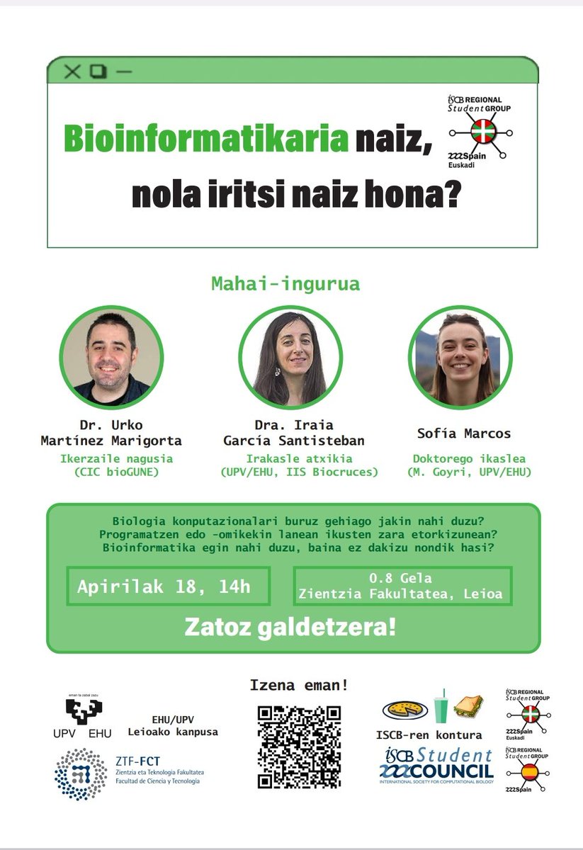 ¿Cómo he llegado a ser bioinformático? 💻🧬Mañana 18 Abril (14h, 0.8 Gela) ven a la @ztf_fct de la @upvehu en Leioa!! Primer evento del nodo Euskadi de @RSGSpain @iscbsc ⚪🟢🔴 Zatoz galdetzera! (Habrá comida 😏)