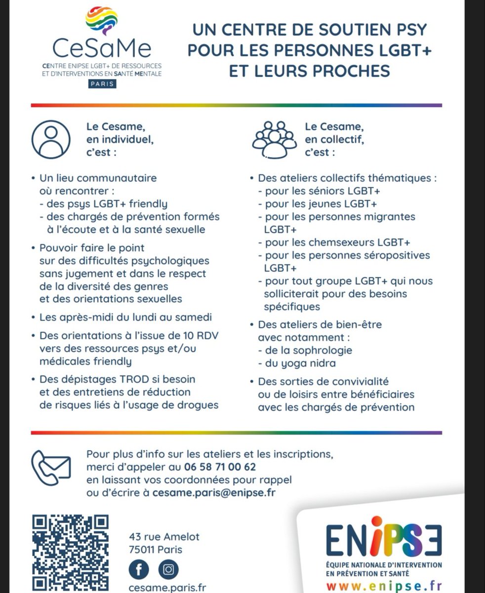EnipseParisIDF's tweet photo. Lancement du CeSaMe Paris-IDF, Centre Enipse LGBT+ de Ressources et d'Interventions en Santé Mentale, provisoirement  dans nos locaux au 43 rue Amelot, 11ème,  avec un volet de 10 consultations individuelles gratuites et confidentielles pour les personnes LGBT+ et leurs proches. https://t.co/hQI9lYtQXp