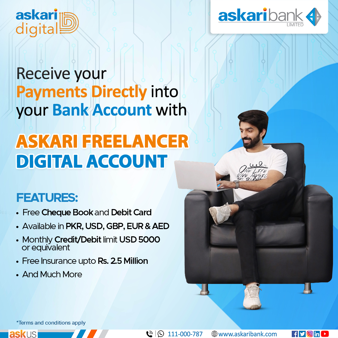 Askari_Bank's tweet image. Receive your Payments Directly in your Bank Account with Askari Freelancer Digital Account.

For details visit: askaribank.com/personal/askar…

To open digital account, visit: secureportal.askaribank.com/digital-accoun…

#AskariBank #Freelancer #DigitalAccount #TrulyDigital