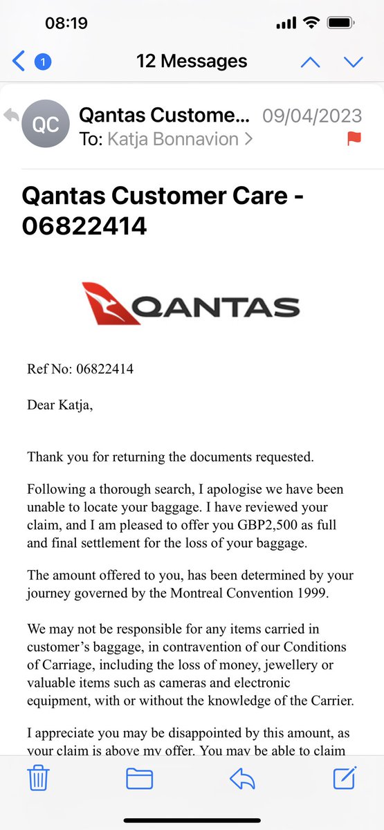 kbonnavion's tweet photo. @Qantas is this your way to treat your customers. You lost my bag over 3 month ago. Upon your request I provided you with invoices for lost items. You agreed on compensation about a week ago and now for NO reason you are tell me you no longer compensate me. Disgraceful. https://t.co/16XmSfWWqX