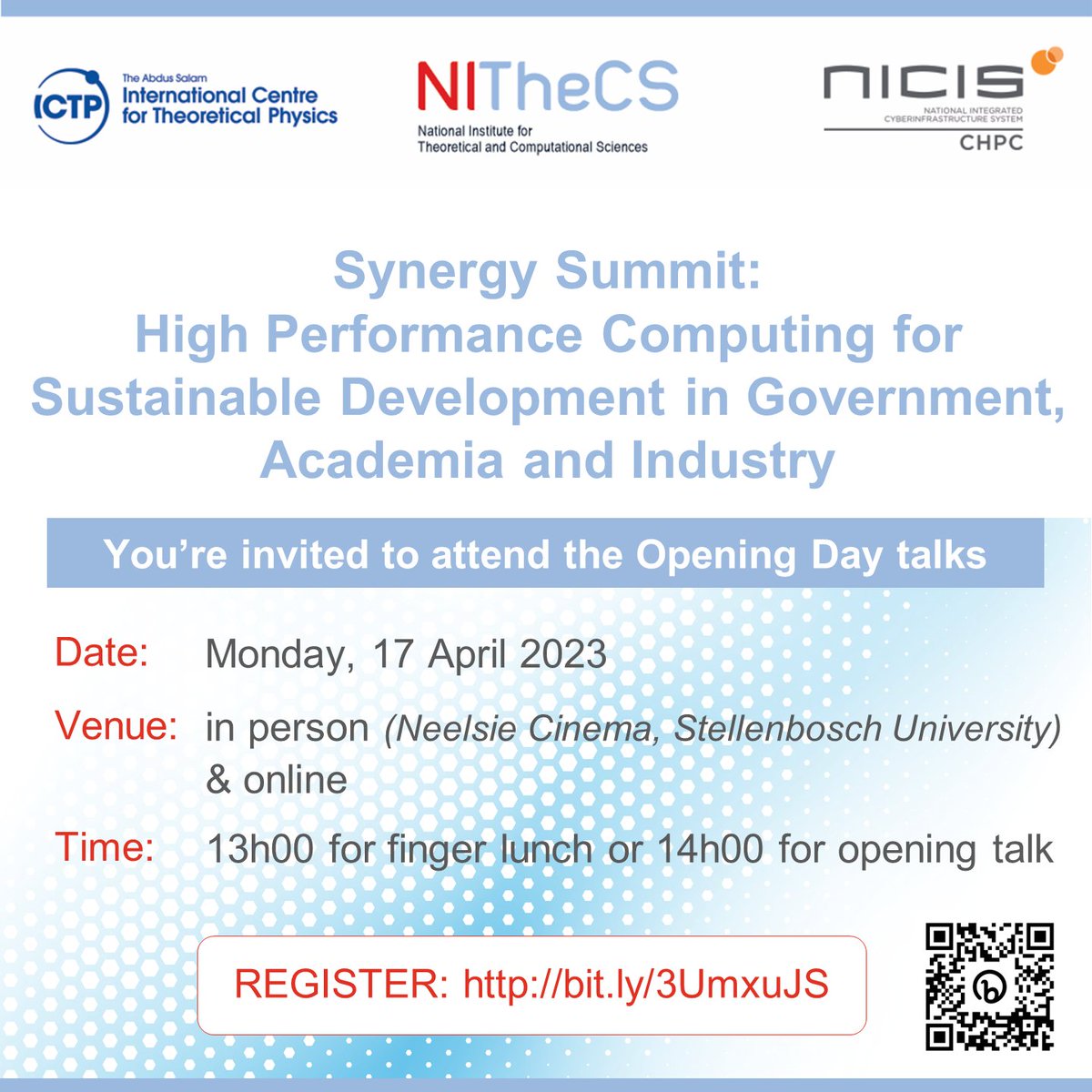 Reminder - Synergy Summit: 'High Performance Computing for Sustainable Development' - attend Opening Day talks today @13h00 in person (Neelsie Cinema, Stellenbosch University) OR 14h00 online. mailchi.mp/nithecs/synerg… #computing #sustainabledevelopment #nithecs #synergysummit