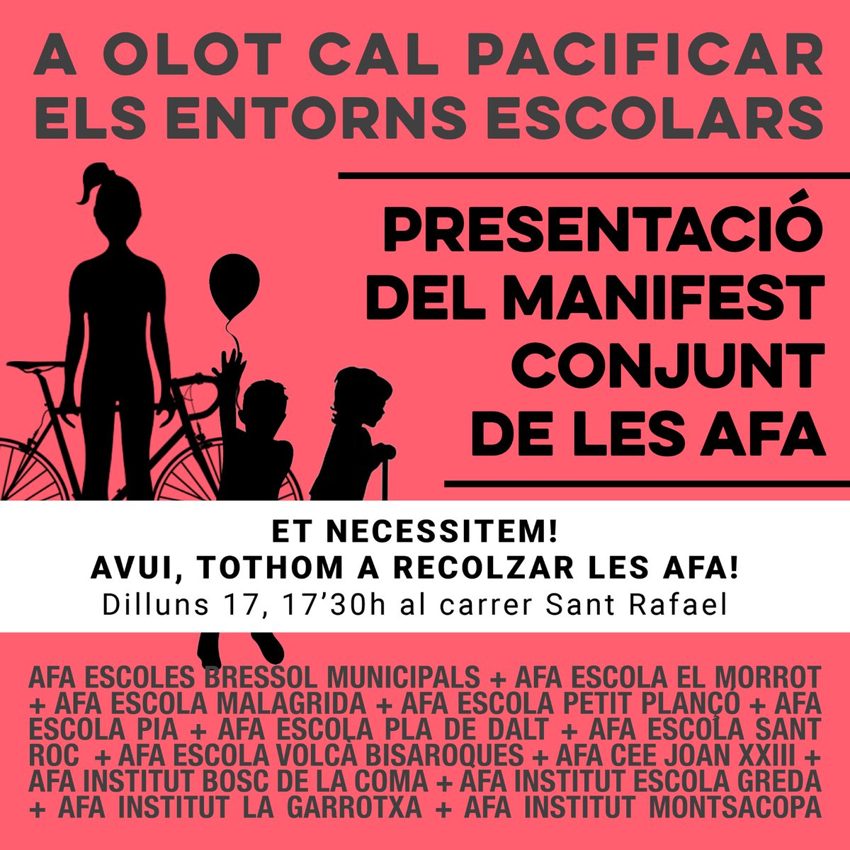 La mobilitat a #Olot és un drama.
Ni pla de mobilitat
Ni camins segurs
A <a href="/CUPOlot/">CUP Olot</a>
hem fet propostes,
hem presentat mocions
Aprovades unànimament
i aquest ajuntament no ha fet res.
Ja n'hi ha prou.
Avui tothom amb les AFA!
#EscolesSegures