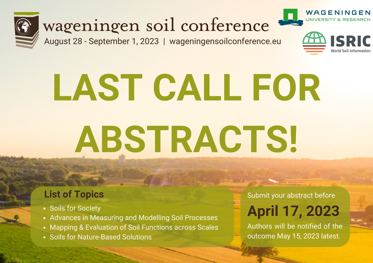 ❓Planning to submit an abstract to the 2023 <a href="/WageningenSoil/">Wageningen Soil Conference</a> conference?  ❗️❗️❗️TODAY (17 April) is the deadline! Don't wait, get it in!  

➡️ Submit here: wageningensoilconference.eu/2023/call-for-…