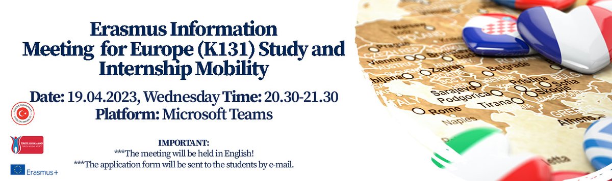 Erasmus Office of Antalya Bilim University (@abu_ipo) on Twitter photo Başvuruları devam etmekte olan Erasmus+ Değişim Programı için 19.04.2023 Çarşamba günü saat 20.30-21.30 arası bilgilendirme toplantısı düzenlenecektir. Linke tıklayıp başvuru formunu doldurmanız gerekmektedir. Toplantı dili İngilizce'dir.
forms.office.com/r/ggDvfse4Cq Başvuruları devam etmekte olan Erasmus+ Değişim Programı için 19.04.2023 Çarşamba günü saat 20.30-21.30 arası bilgilendirme toplantısı düzenlenecektir. Linke tıklayıp başvuru formunu doldurmanız gerekmektedir. Toplantı dili İngilizce'dir.
forms.office.com/r/ggDvfse4Cq