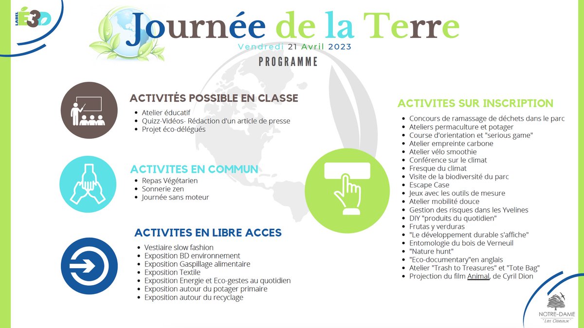 🌎🌳🍃 Journée de la terre à Notre-Dame « Les Oiseaux » 🌱🪴 🌏 Vendredi 21 avril 2023, un foisonnement d’activités, une journée sans moteur, une bouffée d’oxygène ☺️