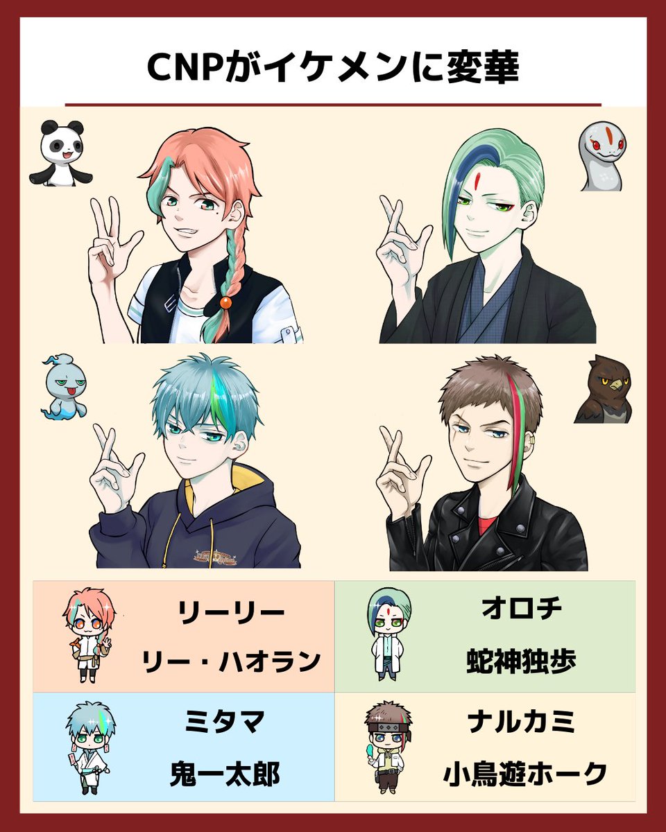 SHACK_SAME_SAME's tweet photo. 1/
CNPプリンスのリリースが近づいて参りました！！
CNPのイケメン擬人化コレクションを解説します♪
最初はCNPの初期キャラ4人がイケメン変華します✨
リーリー→リー・ハオラン🐼
ミタマ→鬼一太郎👻
オロチ→蛇神独歩🐍
ナルカミ→小鳥遊ホーク🦅 https://t.co/mkDwYEH4r8