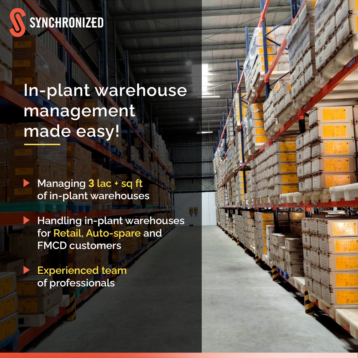 SynchronizedLtd's tweet photo. In-plant (on-site) warehouse is very effective to manage JIT raw supplies and Finished Goods.​
But managing in-plant warehouse can be an extra effort for your supply chain team.
​
We have been managing 3lac+ sq ft of in-plant warehouses for a number of industries. ​
.
. https://t.co/obaVc9smVF
