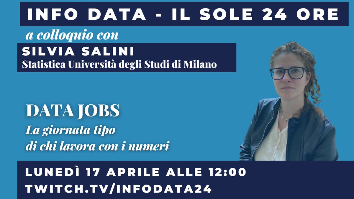 Nova24Tec's tweet image. Lunedì 17 aprile alle 12:00 siamo live su @Twitch con #SilviaSalini #statistica @unimib @LaStatale #nextgenerationdata per discutere di dati, di Bigdata, di statistica e di professioni. E anche dell&apos;impatto dell&apos;Ai sulla ricerca 
#DataJobs  twitch.tv/infodata24