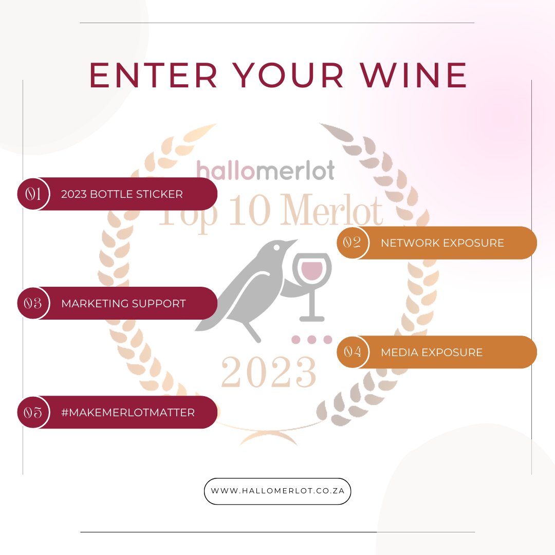 Hallo Merlot (@merlotforum) on Twitter photo Entries for the second annual <a href="/Taransaud1/">TonnellerieTaransaud</a> #HalloMerlotTop10 are OPEN.
📋 Closing date for entries: 8 May
📋 Closing date for late entries: 19 May
🚚 Delivery dates for wines: 25 & 26 May
🍷 Judging: 30 & 31 May 2023
🏆 Results: 21 June
hallomerlot.co.za
#HalloMerlot Entries for the second annual <a href="/Taransaud1/">TonnellerieTaransaud</a> #HalloMerlotTop10 are OPEN.
📋 Closing date for entries: 8 May
📋 Closing date for late entries: 19 May
🚚 Delivery dates for wines: 25 & 26 May
🍷 Judging: 30 & 31 May 2023
🏆 Results: 21 June
hallomerlot.co.za
#HalloMerlot