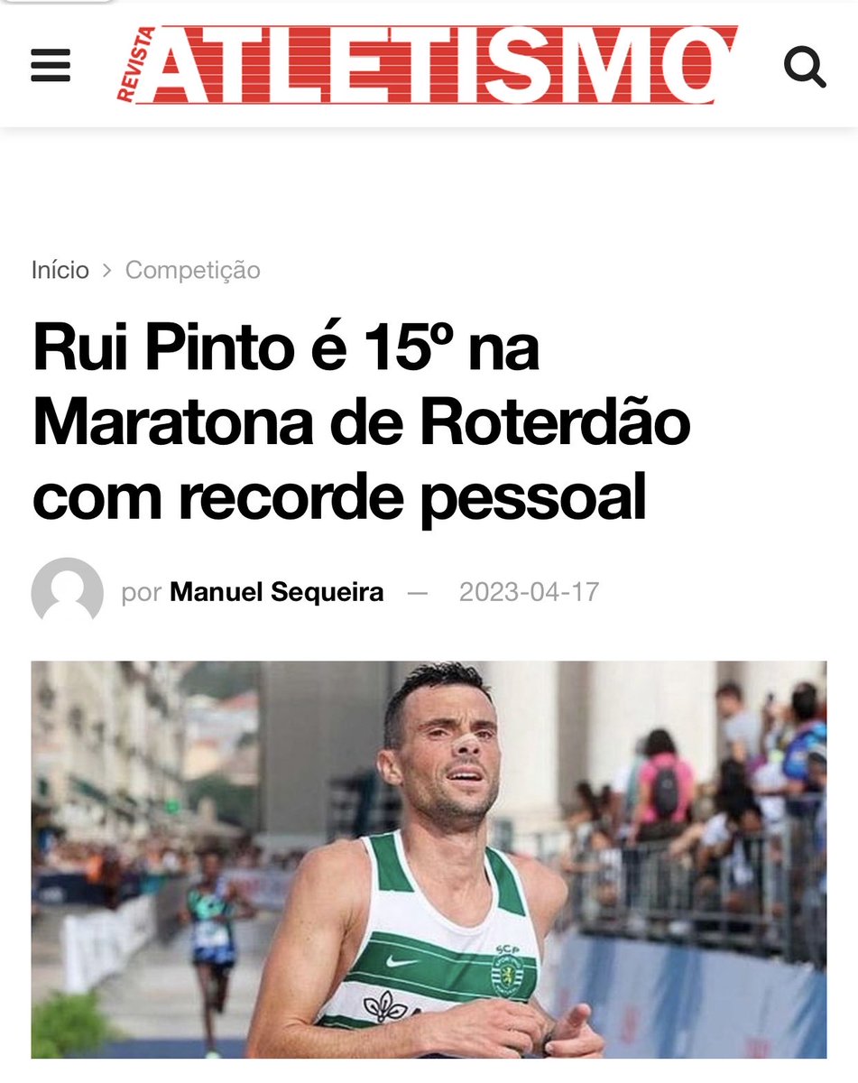 dionisio68's tweet photo. Sportingin Rui Pinto juoksi eilen Rotterdamin maratonilla 15. sijalle omalla ennätyksellään 2.11,23”; ennätys parani peräti 3 min. 22 sek. Aika on Portugalin paras sitten vuoden 2006, jolloin Luís Jésus juoksi Pariisissa 2.08. #atletismo #RuiPinto #Sporting_CP #Roterdão https://t.co/iozj77dJ9g
