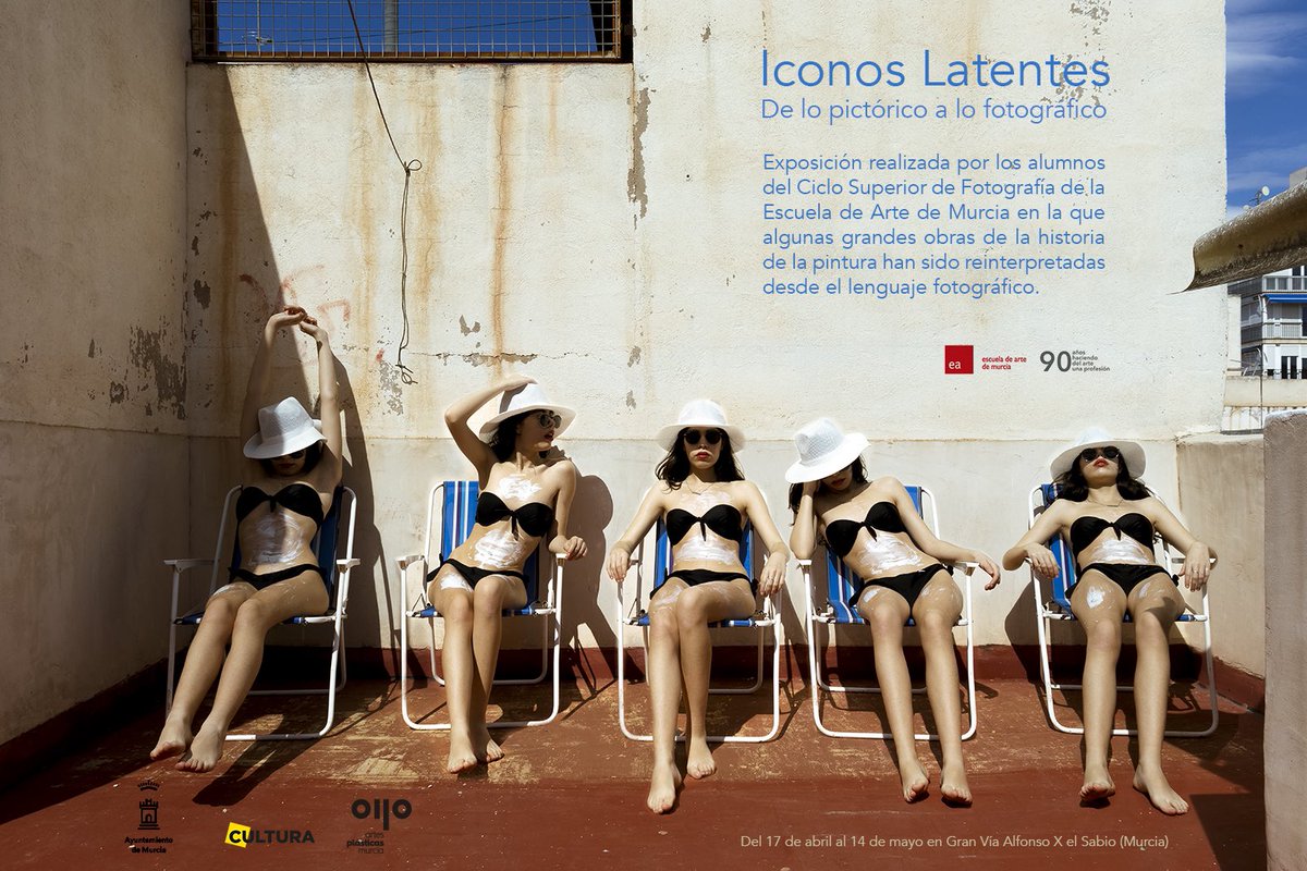13.30h en el Paseo Alfonso X El Sabio Murcia, Exposición “Iconos Latentes: De lo pictórico a lo fotográfico de los alumnos del Ciclo de Fotografía de la EA de Murcia en la que grandes obras de la historia de la pintura son reinterpretadas desde el lenguaje fotográfico.