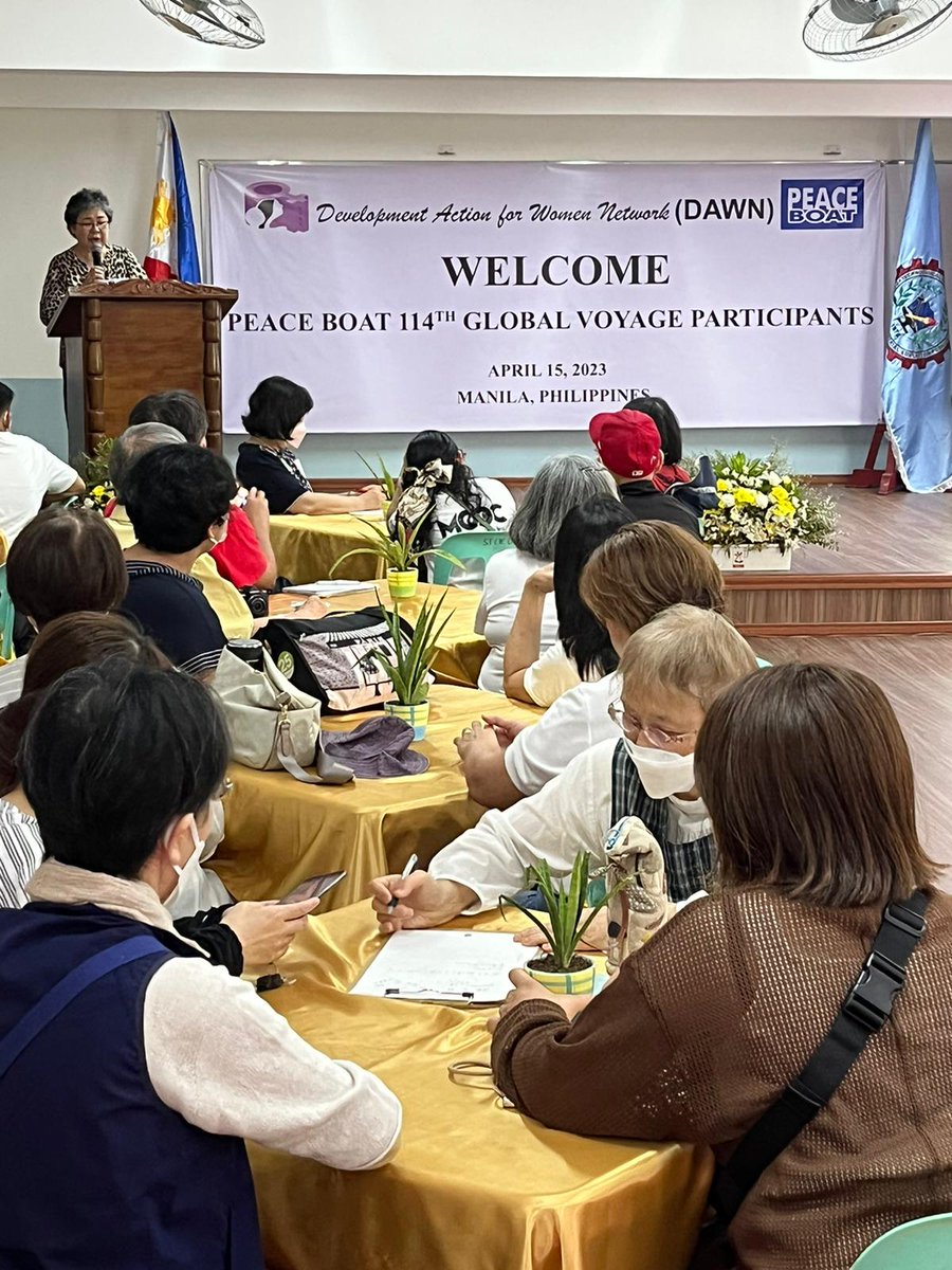 peace_boat's tweet photo. Calling in #Manila, first port of call of the 114th voyage, participants learned about the important work of @dawnwomenph for migrant women's rights and welfare, and received a warm welcome from Executive Director @CarmelitaNuqui. #114GlobalVoyage #SailingForChange #Partnership https://t.co/j7uwqZFToK
