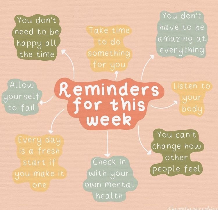 TheSADAG's tweet photo. Reminders for the week to keep you in check when things feel overwhelming. You’ve got this. 💪🏼 #mentalhealthmatters #mondaymotivation #weeklyreminders https://t.co/F6pET2BBVf