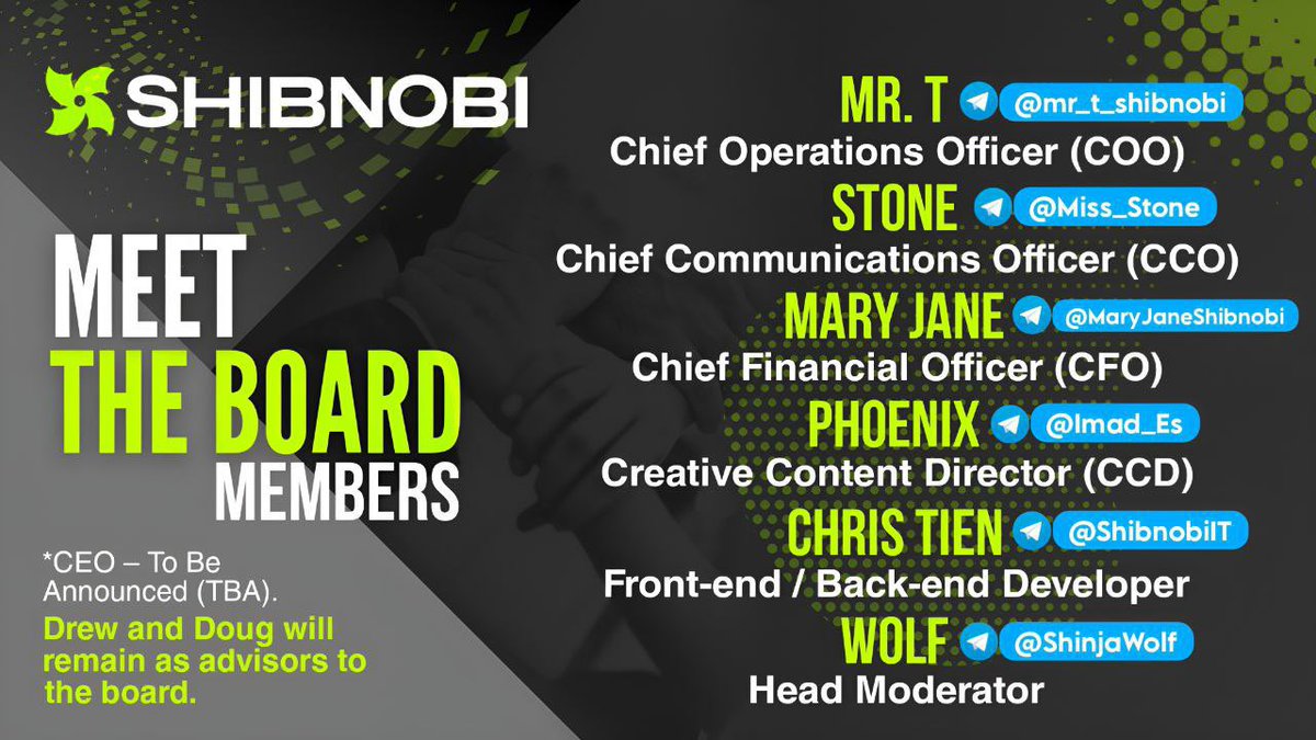 Meet the #Shibnobi Board members, selected from #Shibnobi_Community members 🔥

We use multi-sig wallets and every transaction is documented! 

📣 Join our community to not miss #Shibnobi_Rebirth - with a community stronger than ever! 🚀
$SHINJA #rebirth #Board #community