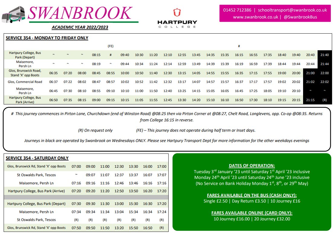 SwanbrookBus's tweet photo. Due to a technical issue, our website is showing an incorrect #Service354 timetable. The service will restart for the Spring term on Monday 24th April.
@Hartpury https://t.co/PmzsdqLMBD