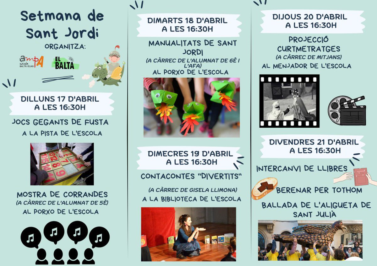 Avui comença la Setmana de Sant Jordi al Baltà. Us hi esperem famílies! 😊 

<a href="/AmpaBalta/">Ampa El Baltà</a> 

#SantJordi2023 
#obrimelbaltà
#tardesenfamília 
#tradicions