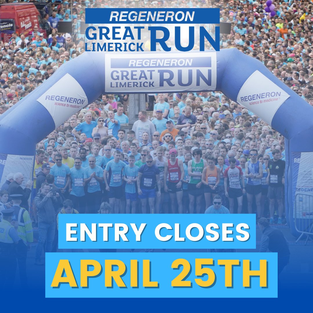 Entry for the 2023 Regeneron Great Limerick Run closes on April 25th! Register before this date and be a part of the biggest running event in Munster! 🏃 - Sign up: eventmaster.ie/event/pdzxhvyT…