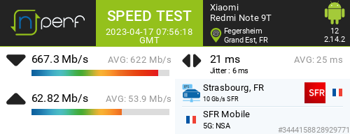 twitt_yann's tweet image. ↓667273 kb/s ↑62824 kb/s, ⇄ 21 ms / mobile:SFR Mobile / #RedmiNote9T / #nPerf v2.14.2 /