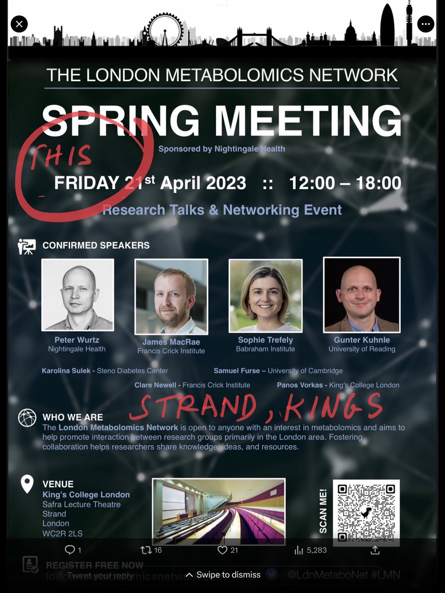 This Friday! <a href="/LdnMetaboNet/">The London Metabolomics Network</a> spring meeting:

👉🏼Eight fabulous speakers experts in metabolism with #metabolomics #lipidomics💡 
👉🏼🎫 register for free, 20 seats available of 100 
👉🏼early career, Master and PhD candidates, senior folk all welcome 
👉🏼Venue <a href="/KingsCollegeLon/">King's College London</a> the Strand