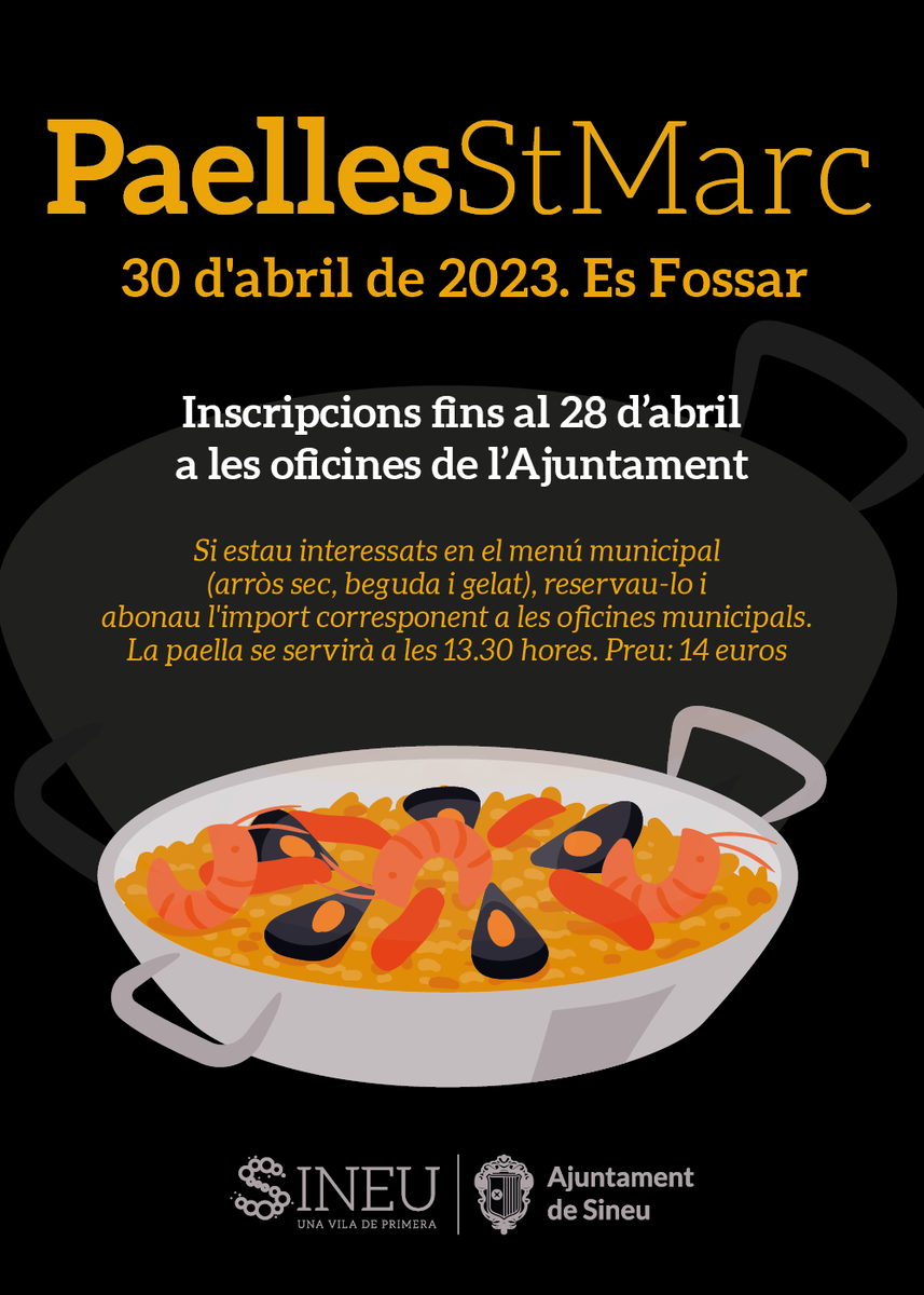 🥘 Queda ben poc per les festes de Sant Marc! Per això, obrim inscripcions a les paelles; com cada any, oferirem hi ha la possibilitat de menjar l'arròs de l'Ajuntament. Més informació:
