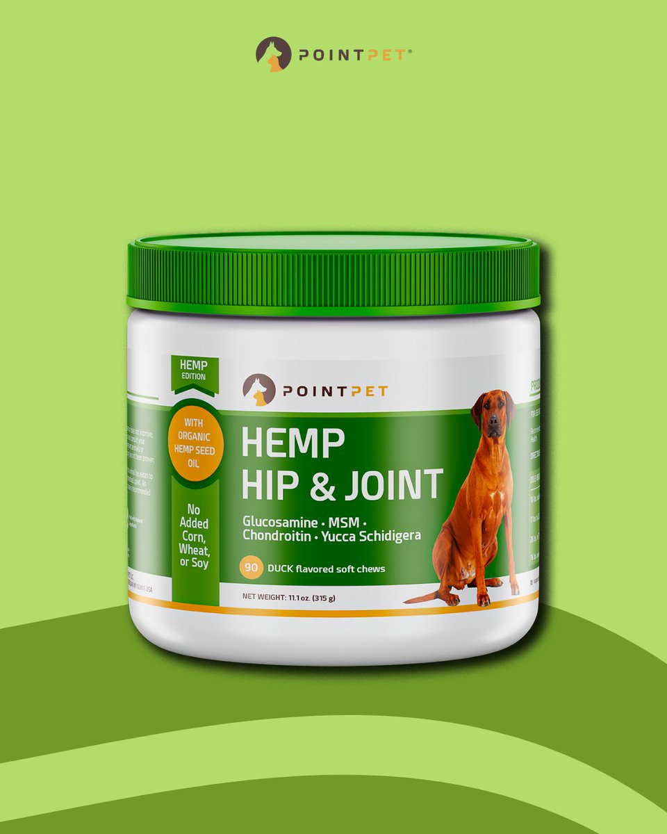 PointPetCom's tweet photo. Maintaining hip and joint health is crucial for our dogs. That's why we offer PointPet Hemp Hip &amp; Joint Supplements, specially formulated to support joint health. Check out our infographic to learn more about the premium ingredients. #doghealth #jointsupplements #hipsupport https://t.co/kgDWaWbmm4