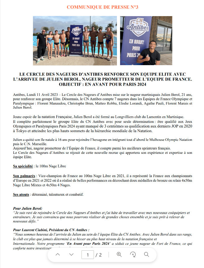 CNAntibes's tweet image. 🏊🏊‍♂️II COMMUNIQUÉ DE PRESSE II

Bienvenue à Julien Berol, nouvelle recrue de l'équipe Elite du CNAntibes, nageur de l'#EDF  En avant vers les #JOPARIS2024 
#elitecna #enavantpourparis2024 #sport #Paris2024 #swim #Antibes #regionsud