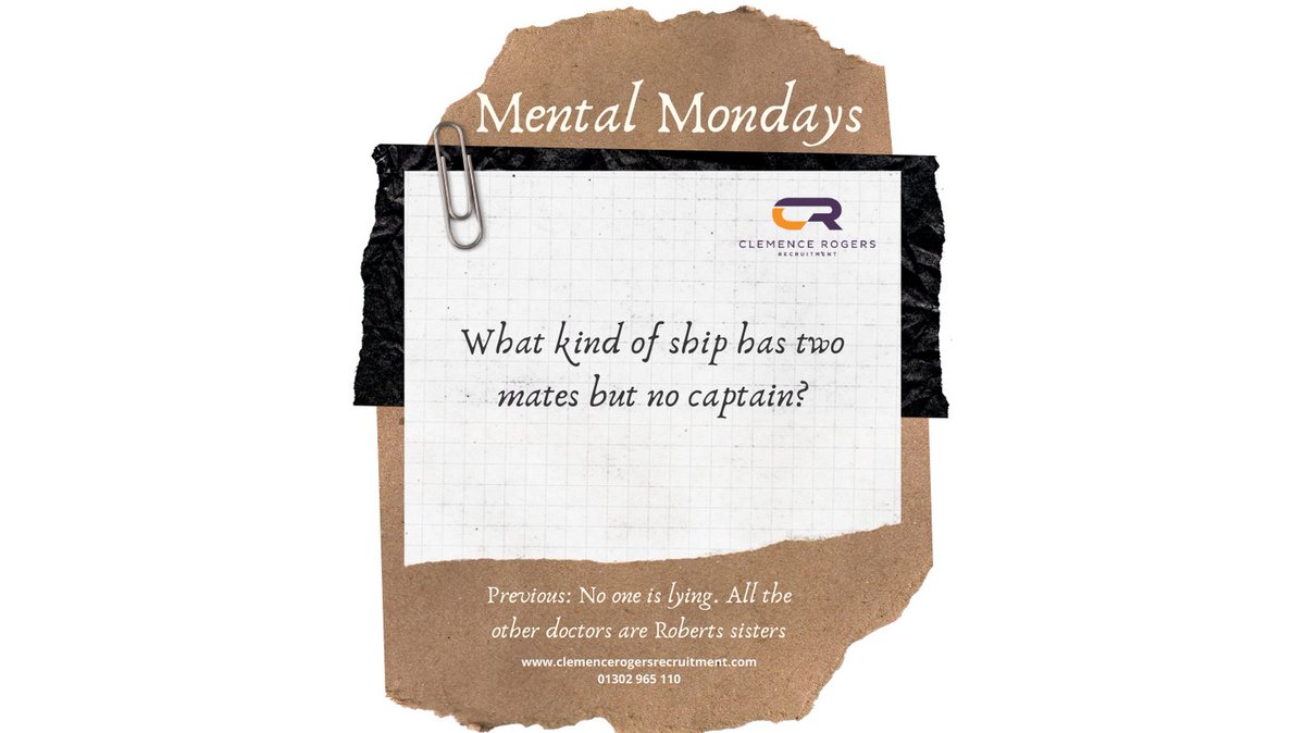 Mental Mondays!

Monday is back again so let’s get our heads working with a quick question.

The correct answer will be posted next Monday with the next question.

#MentalMonday #mondays #clemencerogers #doncaster