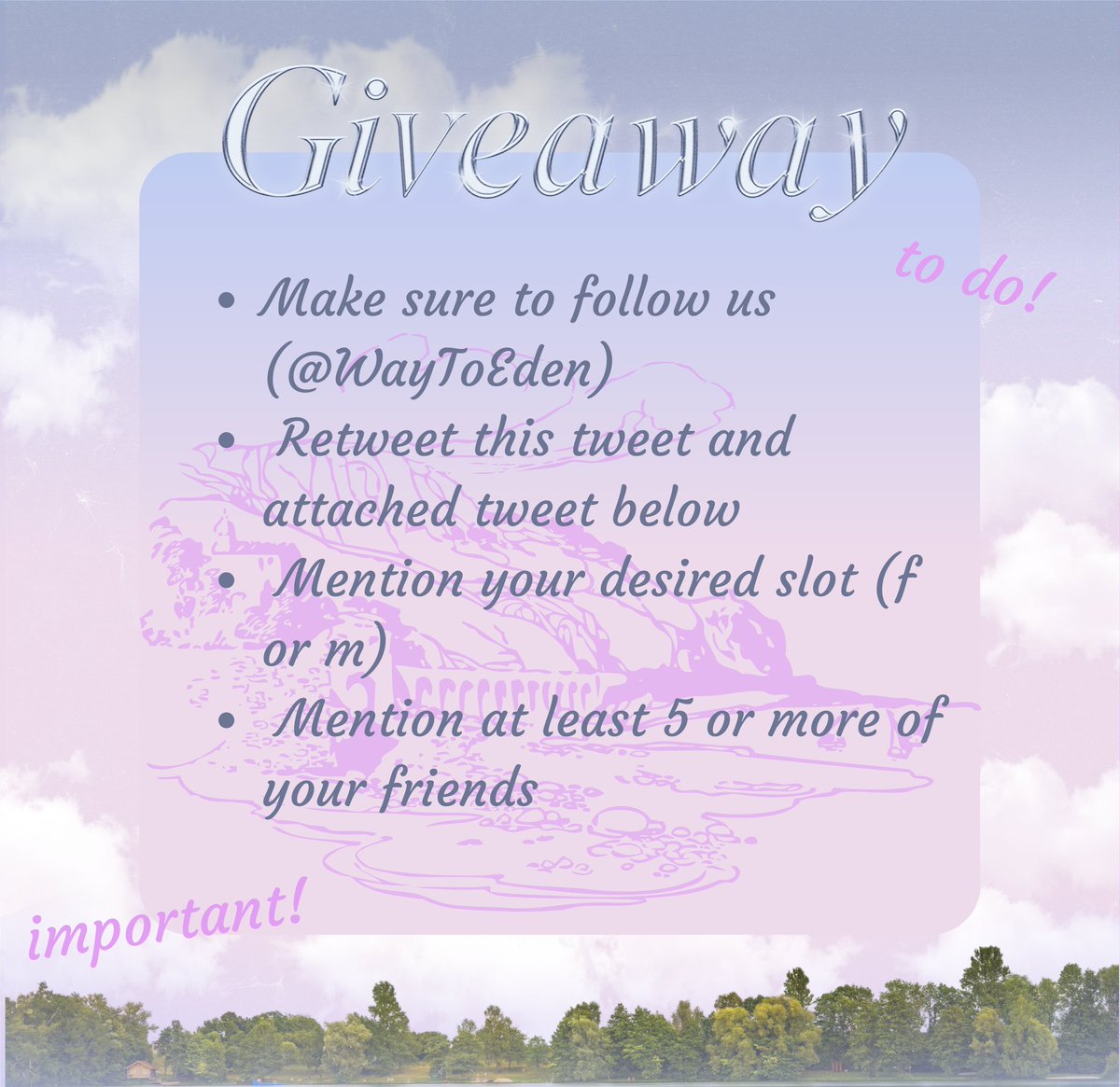 WayToEdens's tweet photo. good days, future residents! we will be giving away 2 male slots and 2 female slot before we officially open our gateway. please follow the requirements below and do not forget to retweet our pinned tweet that will be attached below. good luck, lost souls! https://t.co/iQ12TBaEfM