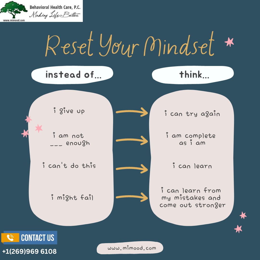 Refresh your thoughts, renew your focus, and reset your mindset for a brighter tomorrow.

For More Details:-
+1 (269)969 6108

#Michigan 
#counsellingpsychology
#USA 
#mentalhealth 
#HealthForAll 
#MentalHealthMatters 
#psychatristmichigan
#counsellling
#mimood