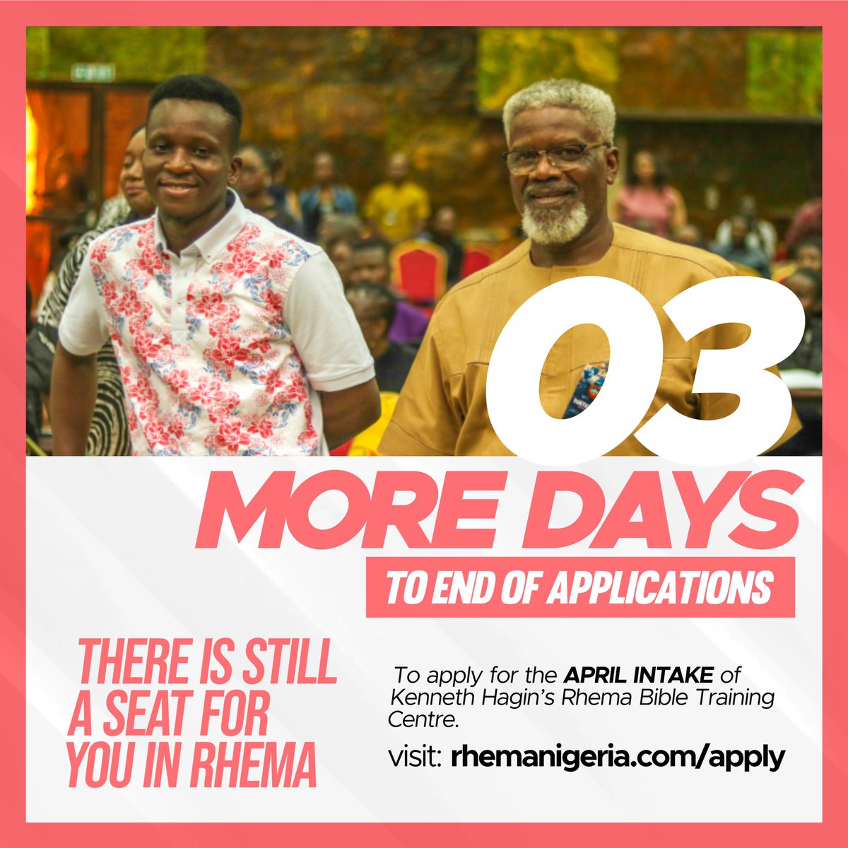 rhemanigeria's tweet photo. 3 DAYS LEFT TO END OF APRIL APPLICATIONS.

Kindly register for Kenneth Hagin’s Rhema Bible Training Centre, Nigeria.

You can register in 3 minutes.

Visit https://t.co/WWFdtadgaB to register.
.
.
.
#BibleSchool #KennethHagin #RhemaNigeria #April #BelieversAuthority https://t.co/OiEn4HDQMG