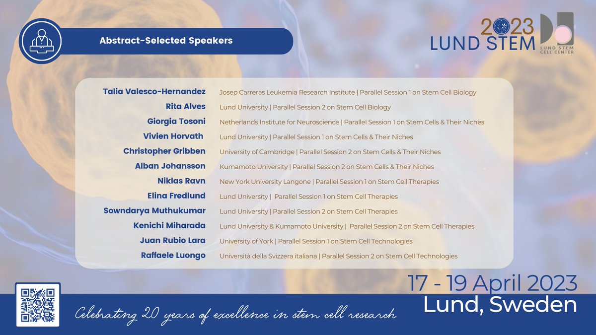 We're excited to kick off #LundStem2023 later today! Where our abstract-selected speakers represent a diverse range of topics &amp; approaches in #stemcell research. We warmly welcome them to the stage during our Parallel Sessions - don't miss out!

lundstem2023.blogg.lu.se/abstract-selec…