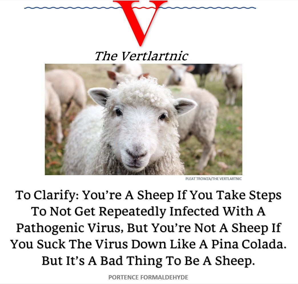 To Clarify: You’re A Sheep If You Take Steps To Not Get Repeatedly Infected With A Pathogenic Virus, But You’re Not A Sheep If You Suck The Virus Down Like A Pina Colada. But It’s A Bad Thing To Be A Sheep.