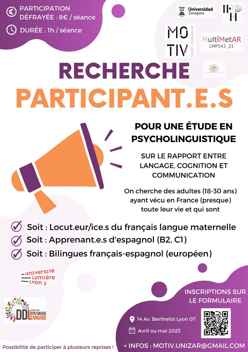 📣📣 <a href="/laurapeimarling/">Laura Peiró Márquez</a>, actuellement au @DDL_laboratoire, recherche des participant.e.s pour une étude en psycholinguistique ! Que vous soyez monolingues français, bilingues français-espagnol ou apprenant.e.s d'espagnol (B2-C1) vous êtes les bienvenu.e.s ! <a href="/univ_lyon2/">Université Lumière Lyon 2</a> <a href="/iphunizar/">Instituto de Patrimonio y Humanidades. Unizar</a>
