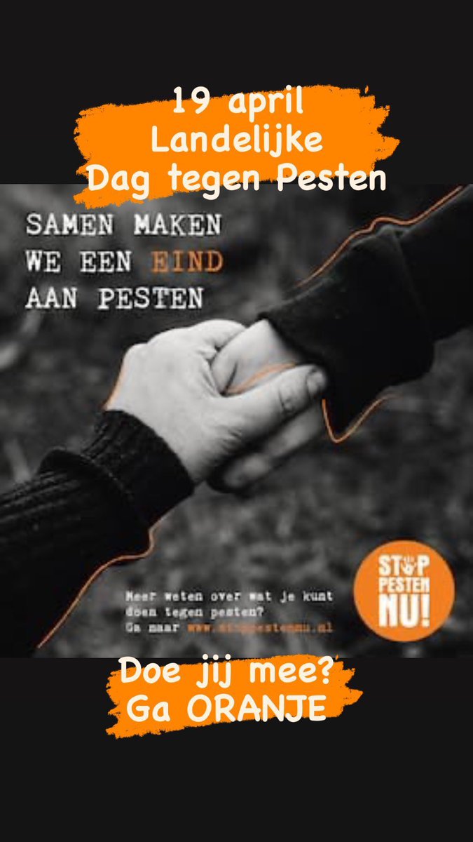 Meer bewustwording over noodzaak om #pesten te stoppen blijft nodig. 19 april is de #dagtegenpesten Kleuren jullie mee? Ga ORANJE stoppestennu.nl/19-april-2023-… @goededoelen