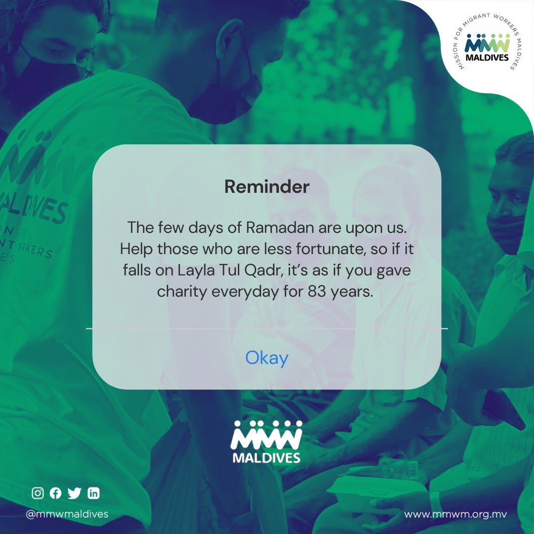 mmwmaldives's tweet photo. Let's make the most of these last few days of Ramadan by giving back to those in need. 

Every act of charity, big or small, can make a difference in the life of a migrant worker! 

You can now donate to through @OoredooMaldives m-Faisaa App as well! 

#Ramadan2023 https://t.co/HNFM7A4ILq