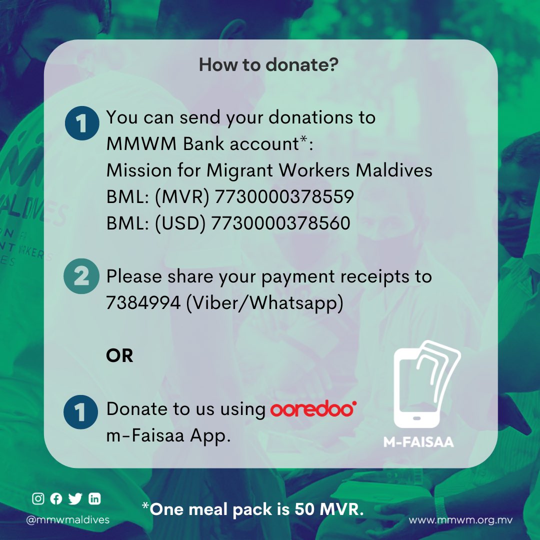 Let's make the most of these last few days of Ramadan by giving back to those in need. 

Every act of charity, big or small, can make a difference in the life of a migrant worker! 

You can now donate to through <a href="/OoredooMaldives/">Ooredoo Maldives</a> m-Faisaa App as well! 

#Ramadan2023