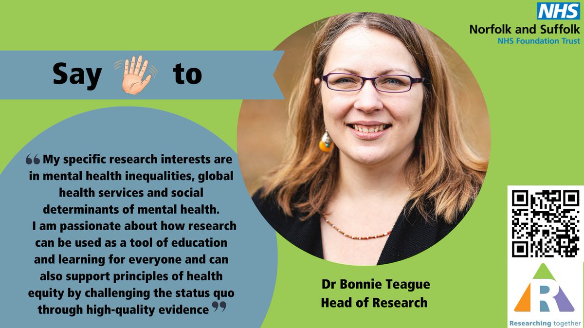 This Monday meet our Head of Research - Dr Bonnie Teague. To find out more about research, follow the link nsft.nhs.uk/research, scan the QR code, or email researchinfo@nsft.nhs.uk. Sign up to be a participant at tinyurl.com/328k2v4j 
<a href="/NSFTtweets/">NSFT mental health</a>
@NIHRCRNeoe