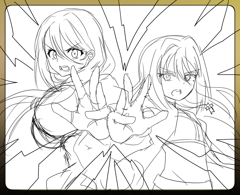 ラフ→線画 ツバキと鈴音 