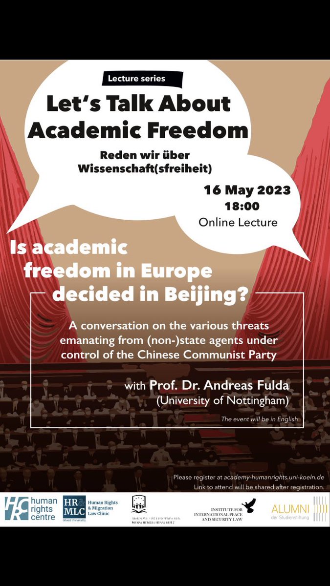 AcademyCologne's tweet photo. ‘Is academic freedom in Europe decided in Beijing?’
On the 16th of May, we welcome Prof. Andreas Fulda @AMFChina from @UniofNottingham for an online conversation about the threats to academic freedom in Europe as organised by the CCP. 

Please register: https://t.co/QFTjHUksaj https://t.co/wKugF3VKEb