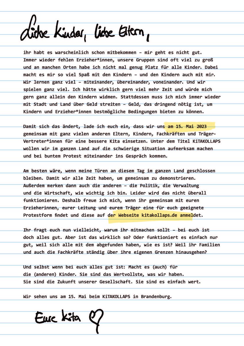 kitakollaps's tweet photo. Liebe Kinder, liebe Eltern, ihr habt es warscheinlich schon mitbekommen – mir geht es nicht gut. 
Immer wieder fehlen Erzieher*innen, unsere Gruppen sind oft viel zu groß und an manchen Orten habe ich nicht mal genug Platz für alle Kinder. 1/9 https://t.co/OvTZKOvESB