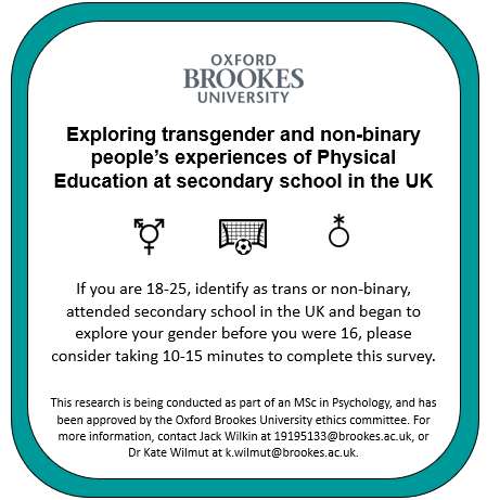 jwilkin90's tweet photo. I’m looking for trans and non-binary individuals to complete a survey about their experience of PE at secondary school in the UK. Please share with anyone you think may be interested! 
https://t.co/m4Xm2G0qpr https://t.co/c6yHfMGL5B