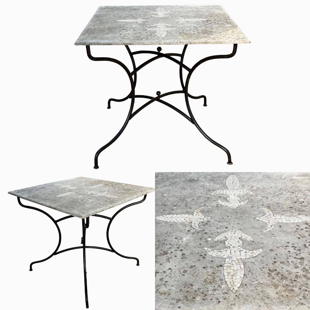 Spring Arrival… 🌱

French table with folding iron base. The separate large square marble top has lovely inlaid decoration and wonderful natural patination and weathering from years of being in the garden.  Good heavy weight and quality to both base a… instagr.am/p/CrIRLwmIsmh/