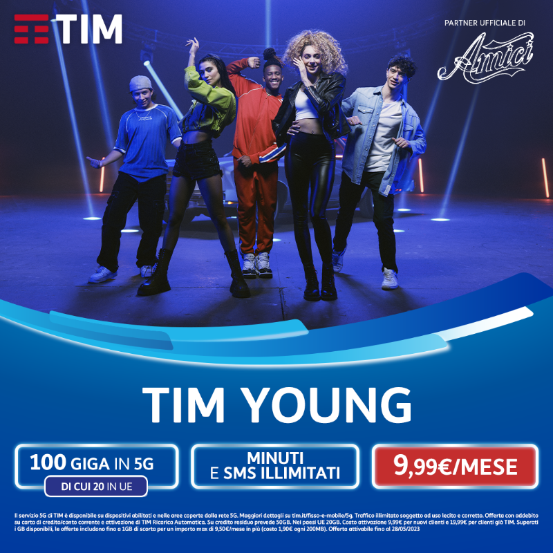 TIM_Official's tweet photo. Scatenati con la nuova #TIMYoung! 😎
Se hai meno di 25 anni per te 100 Giga, Minuti e SMS ILLIMITATI e puoi navigare alla velocità del #5G a soli 9,99 €/mese. 👇 #LaForzaDelleConnessioni