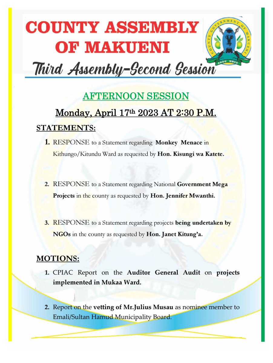 Assembly Order Paper brief today at 2:30PM
