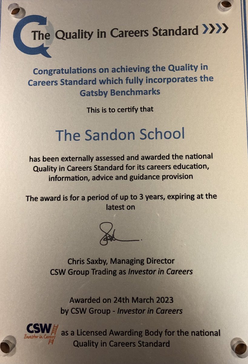 DirectionsIAG's tweet photo. Congratulations to @TheSandonSchool for achieving The Quality in Careers Standard Award. Very well deserved! https://t.co/9rJui33MIc